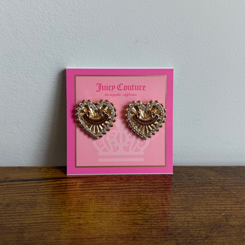 New Juicy Couture Gold Tone Heart Stud Earrings Cute Sparkly Jewelry